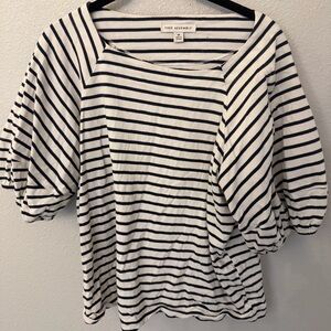 Free Assembly White & Navy Striped Puff-Sleeve Top